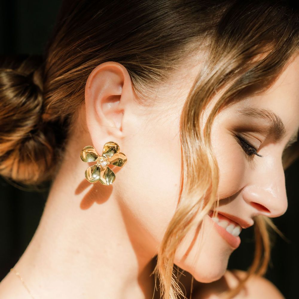 Gold flower statement stud bridal earrings