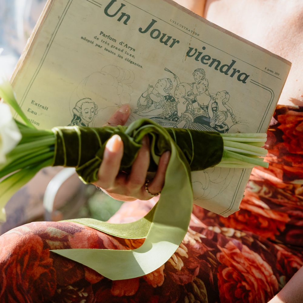 french wedding newspaper stationary velvet bow detail