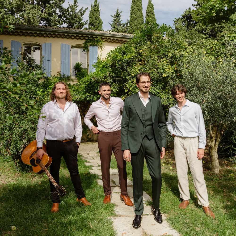 groom forest green tux with groomsmen french villa