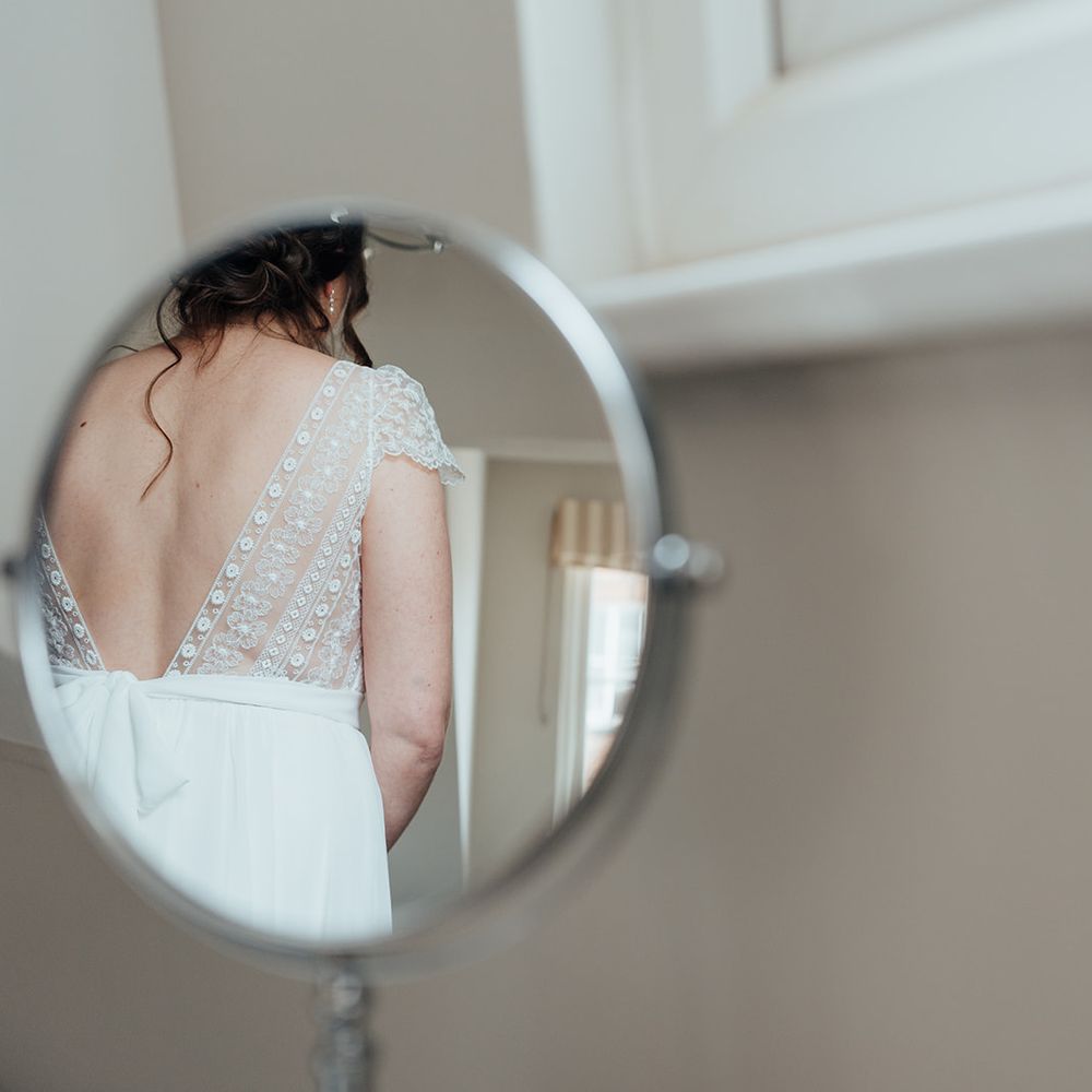 low back lace bow tie back wedding dress mirror