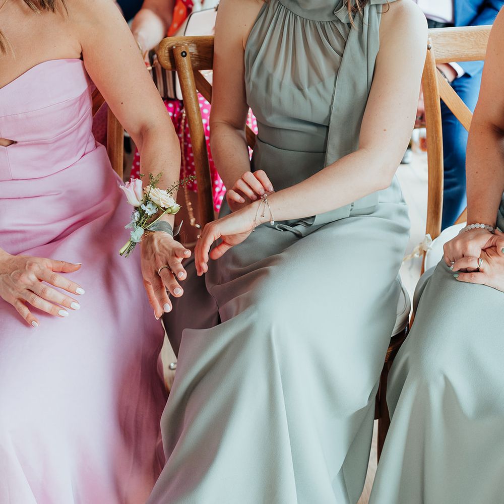 sage green pastel pink silk bridesmaids dresses