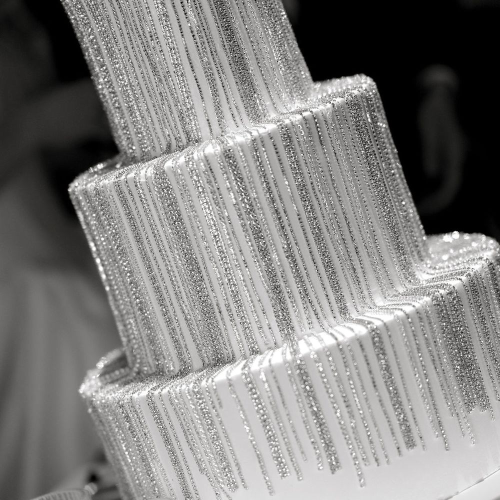 silver diamond draping three tier cake