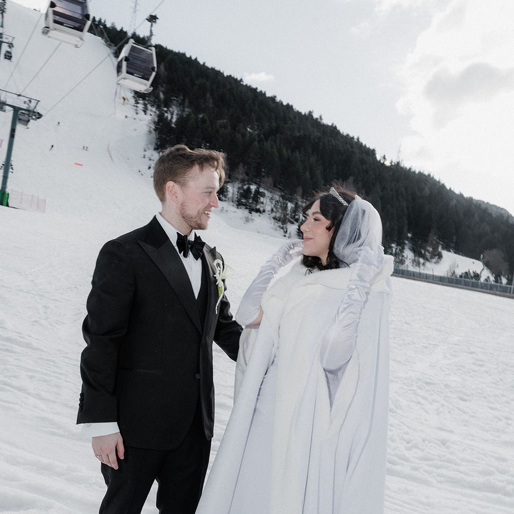 bride groom black tie hooded bridal cape winter wedding