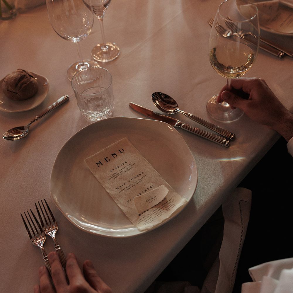 wedding place setting menu and wine detail