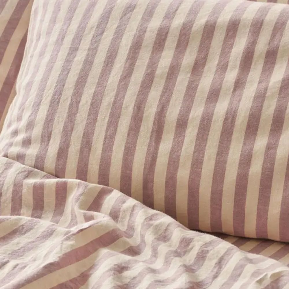 Piglet In Bed Pembroke Stripe Pair of Linen Blend Pillowcases, Elderberry