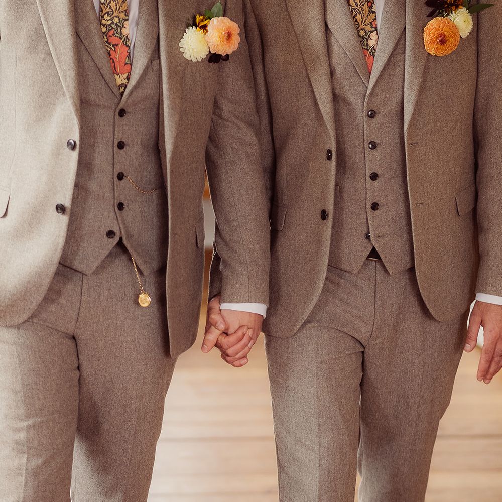 matching grey suits orange cream accessories