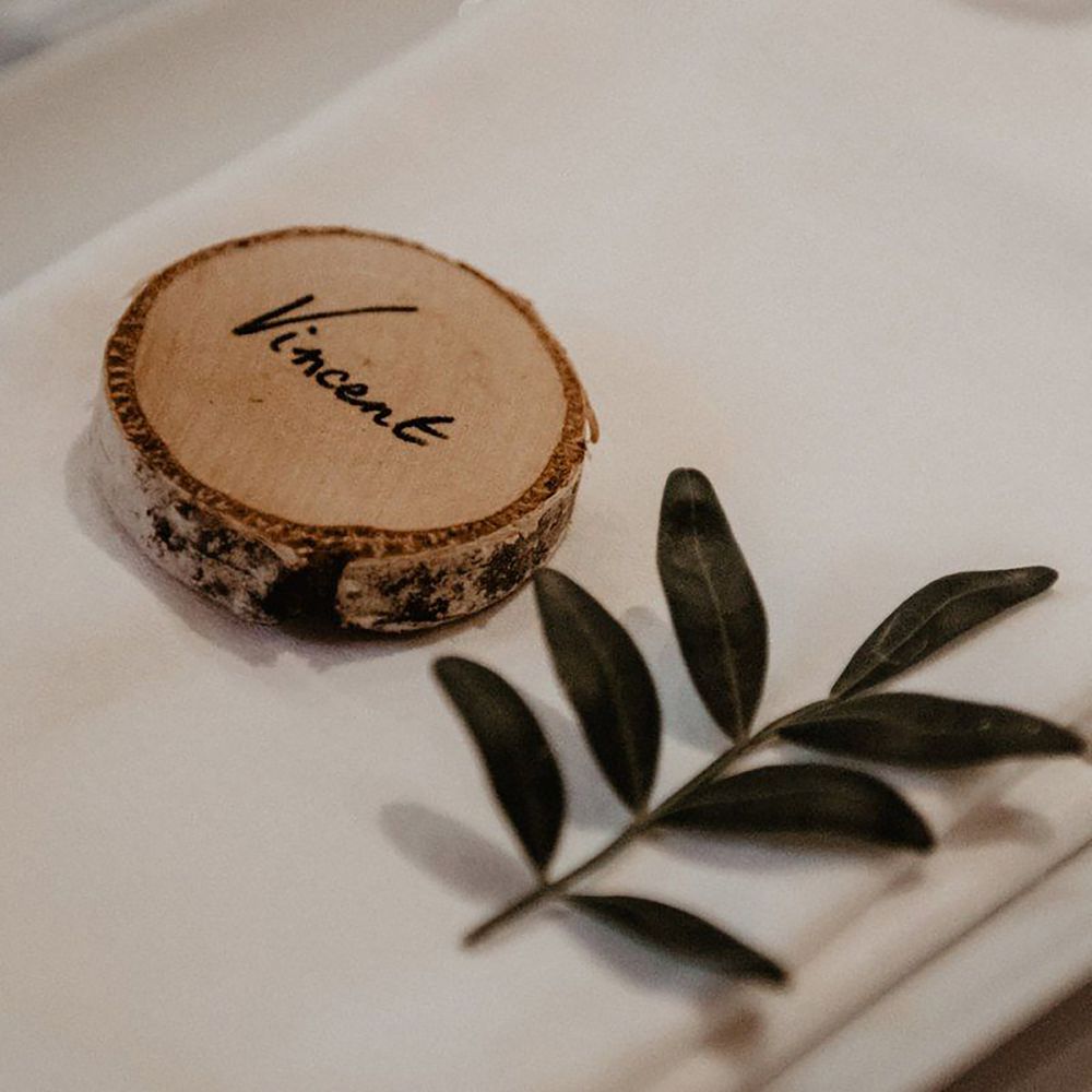 Rustic tree slice wooden wedding place name
