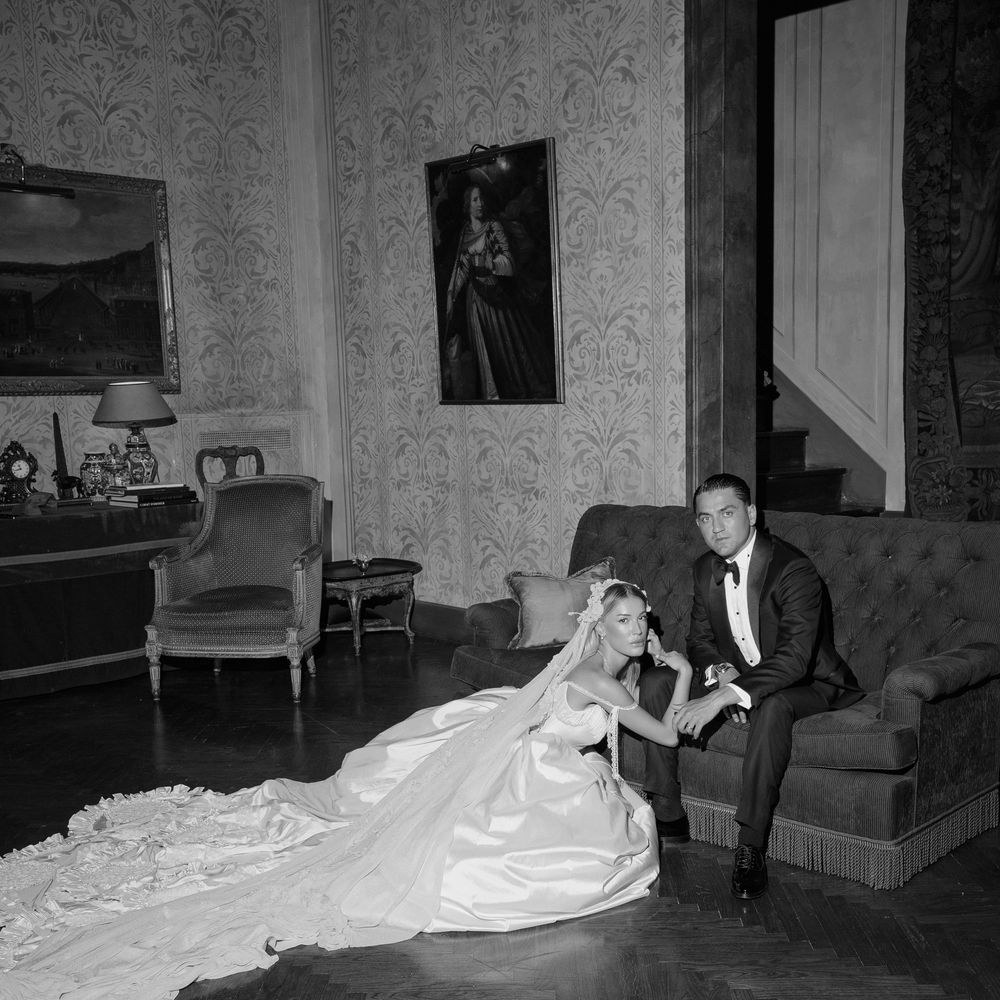 castle wedding bride couture wedding dress posing on floor