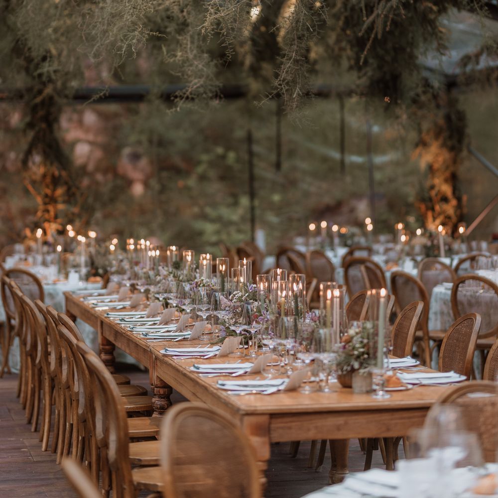 outdoor conservatory glass reception long tables wooden forest theme