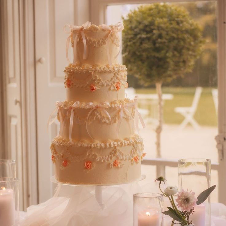 Four Tier Buttercream Wedding Cake with White Bows
