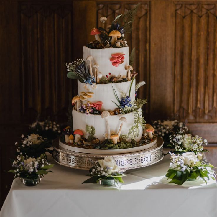 Whimsical Wedding Cake with Mushrooms For Fairy Themed Wedding