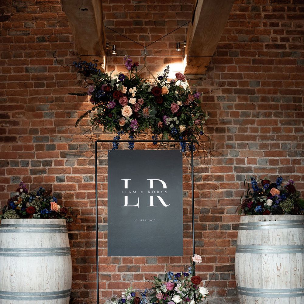 black and white wedding sign with monogram