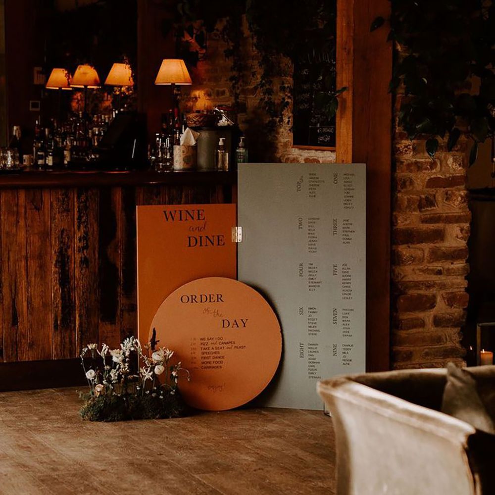 Green & Orange Seating Chart & Order of the Day Signs With Flower Decor for Barn Wedding