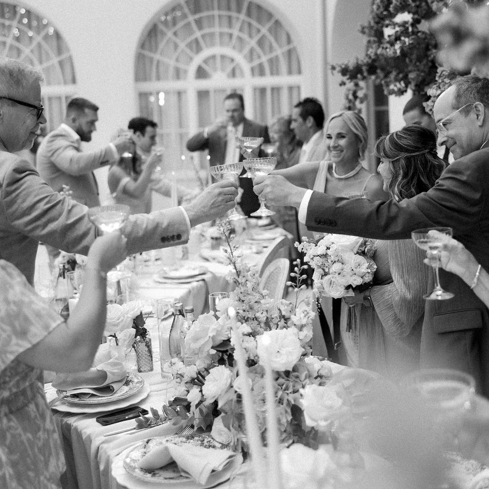caterpillar tables outdoor reception guests cheers