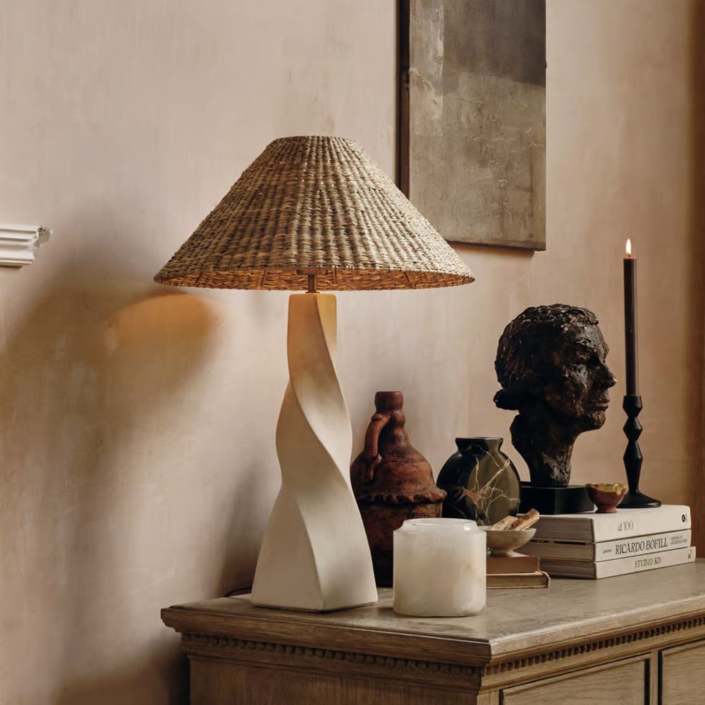 curved-cream-lamp-with-wooden-dresser