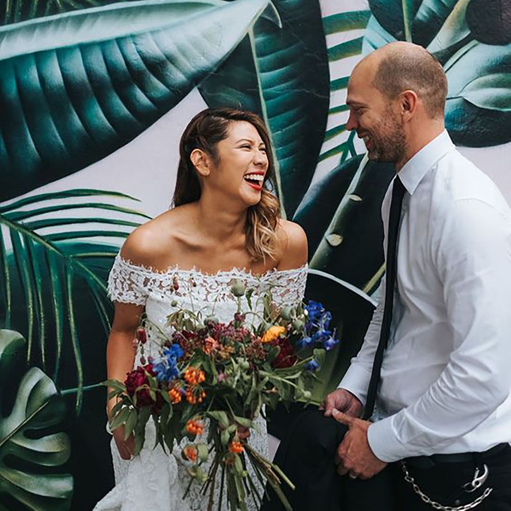 Real RMW bride wearing bardot lace high street wedding dress