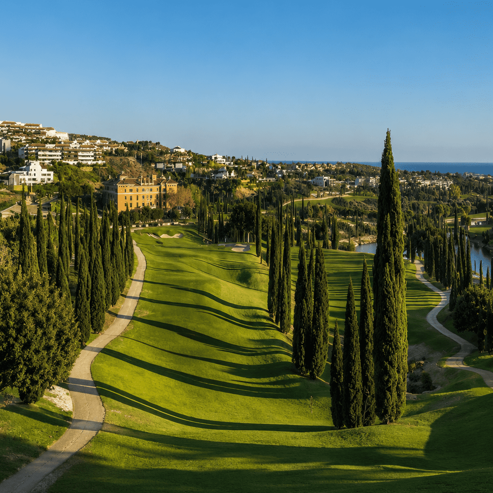 Luxury golf course with manicured fairways lined by tall cypress trees, overlooking Mediterranean-style buildings and the sea under a clear blue sky.