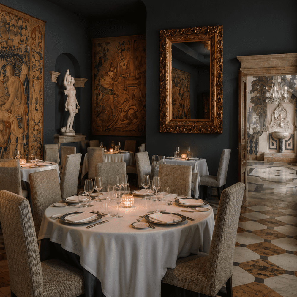 elegant fine dining restaurant featuring beautifully set round tables, classical tapestries, a marble statue, ornate gold-framed mirror, and candlelit ambiance
