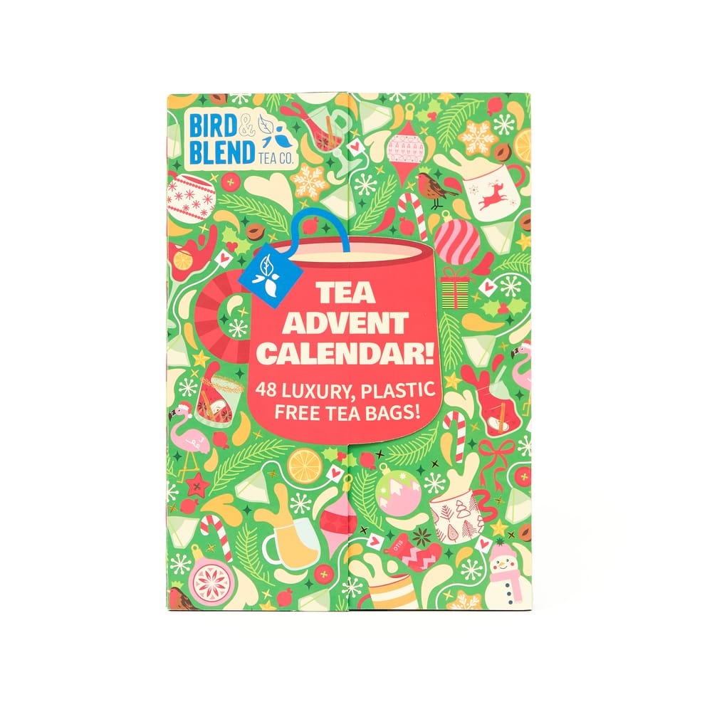 Festive green and red tea advent calendar box with Christmas illustrations and a central mug motif