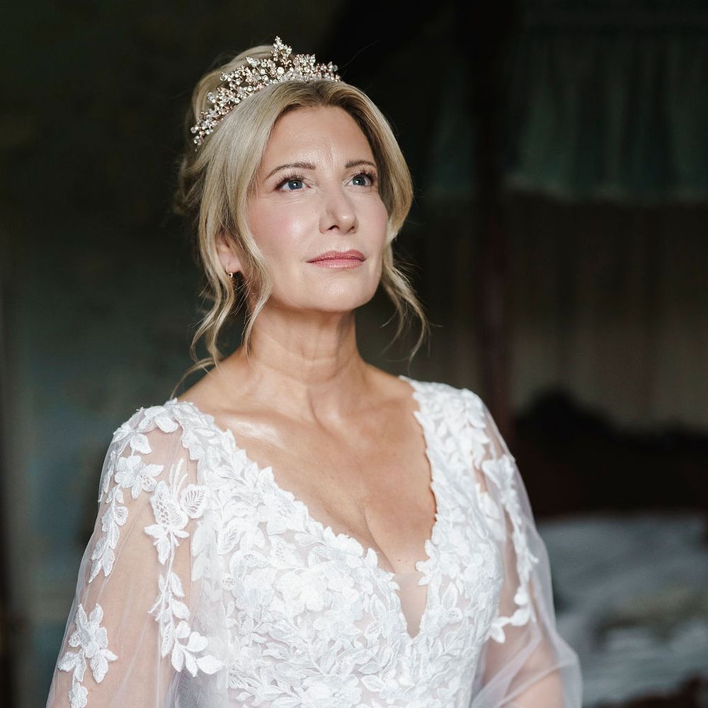 bride crystal tiara wistful gaze
