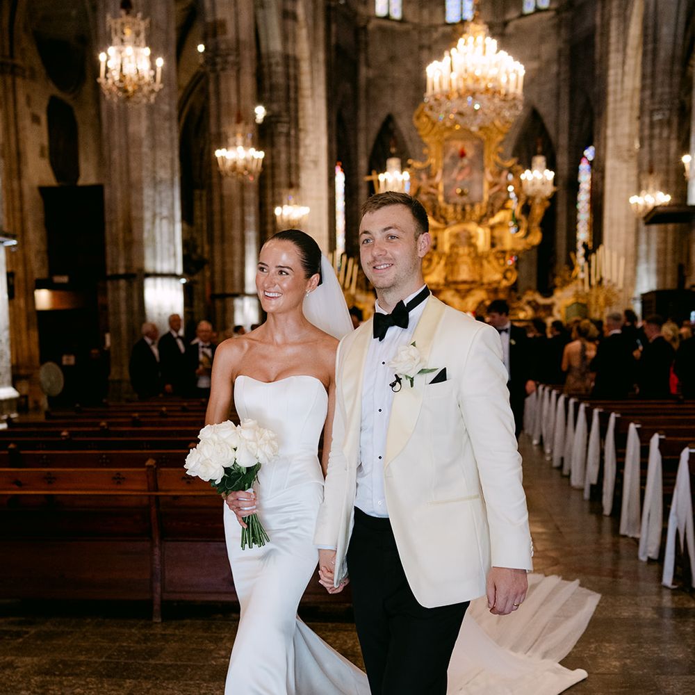 bride groom aisle walk smiling