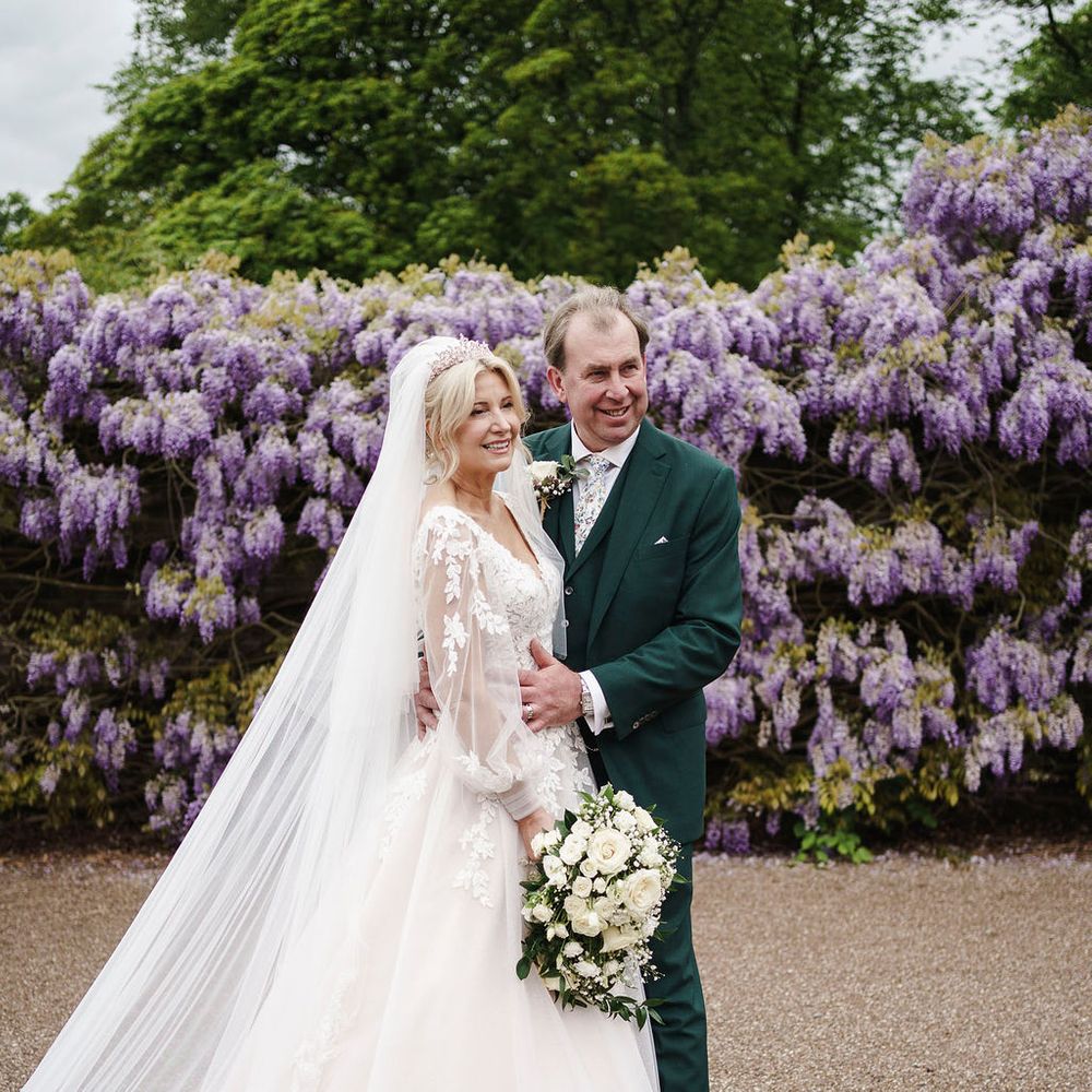bride groom purple wisteria portrait