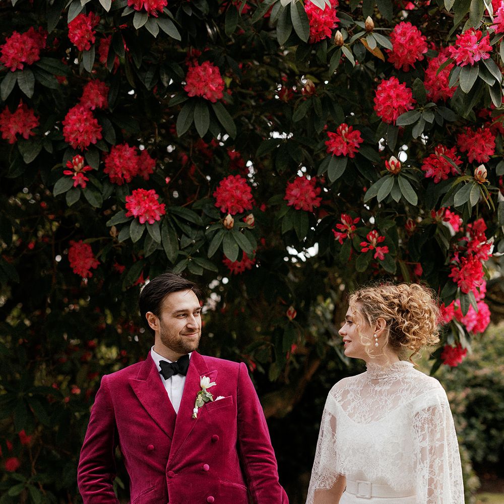 bride groom red rhododendron garden