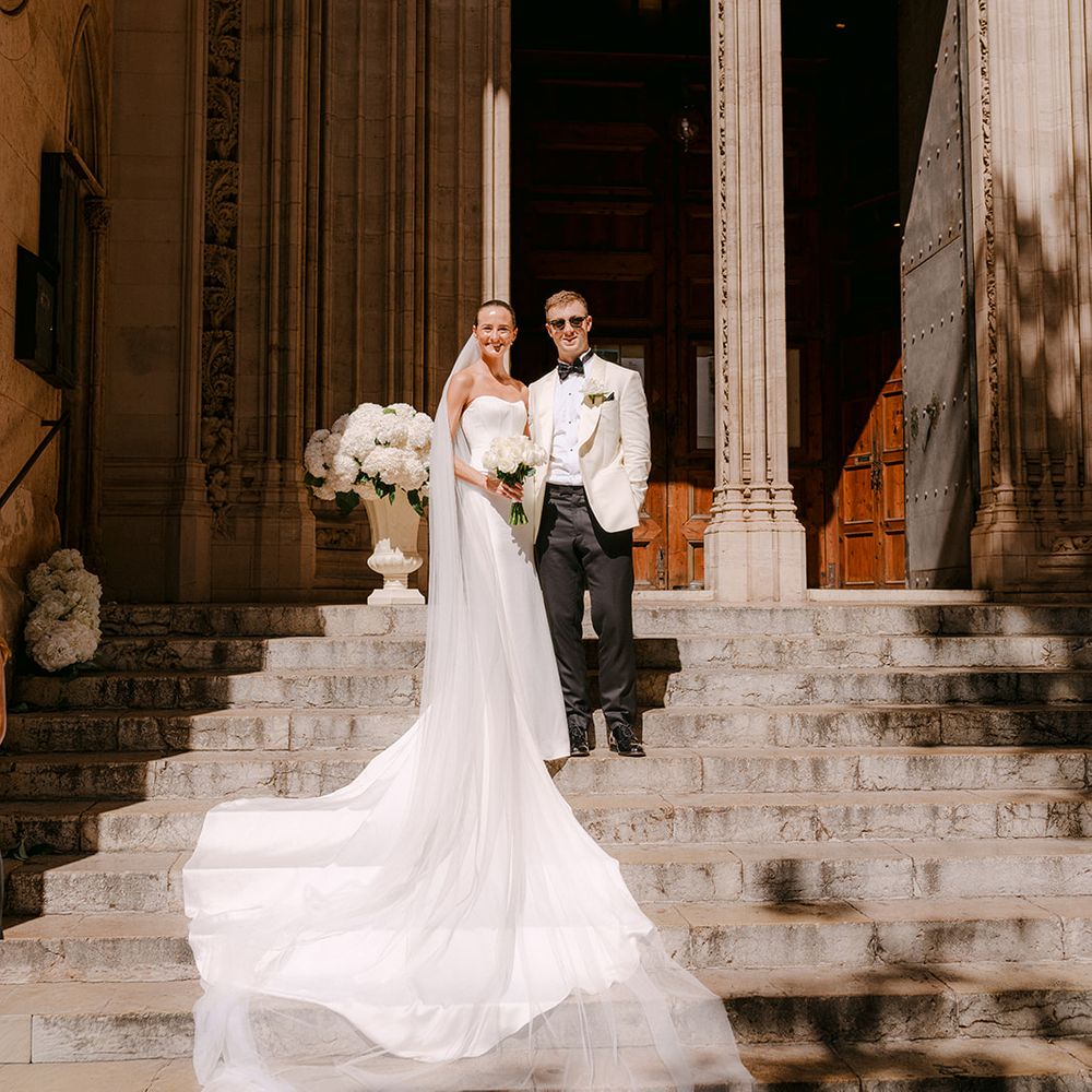 bride groom sunglasses church steps