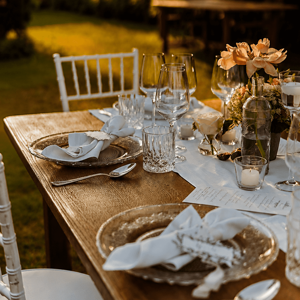Rustic wooden table set with silver chargers, crystal glassware and peach blooms at golden hour