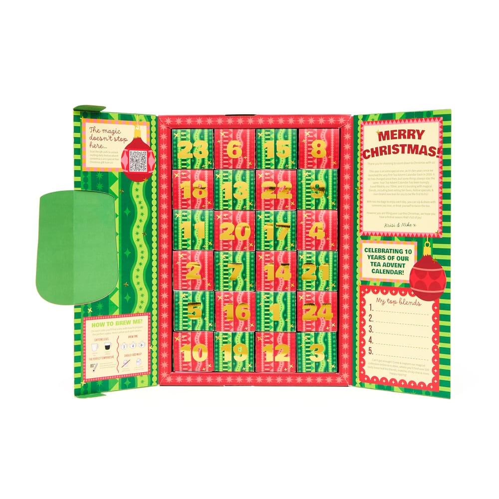 Open red and green tea advent calendar with numbered doors and a Merry Christmas message panel.
