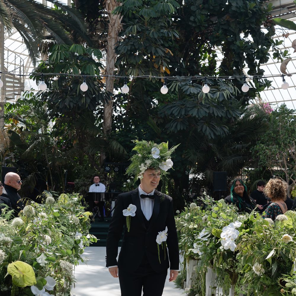 Groom in black tuxedo walks down white aisle lined with white orchids in a glasshouse