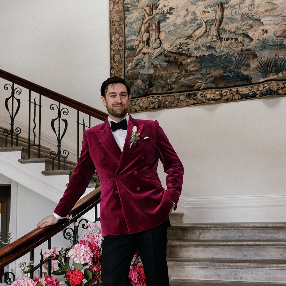 groom burgundy velvet jacket staircase