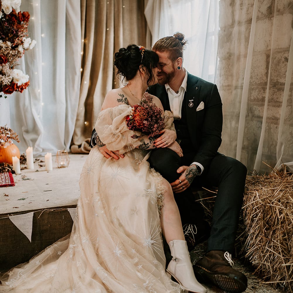 halloween bride groom hay bale