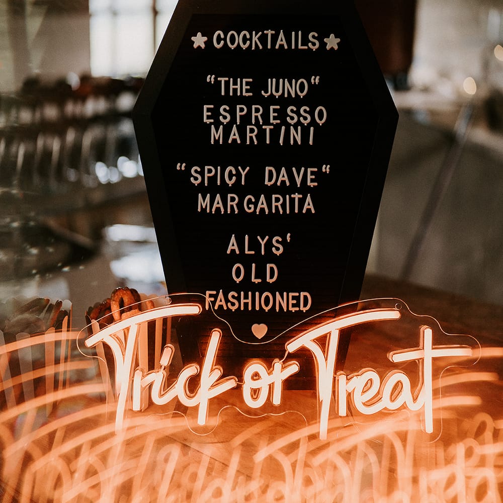 halloween coffin cocktail menu neon trick or treat
