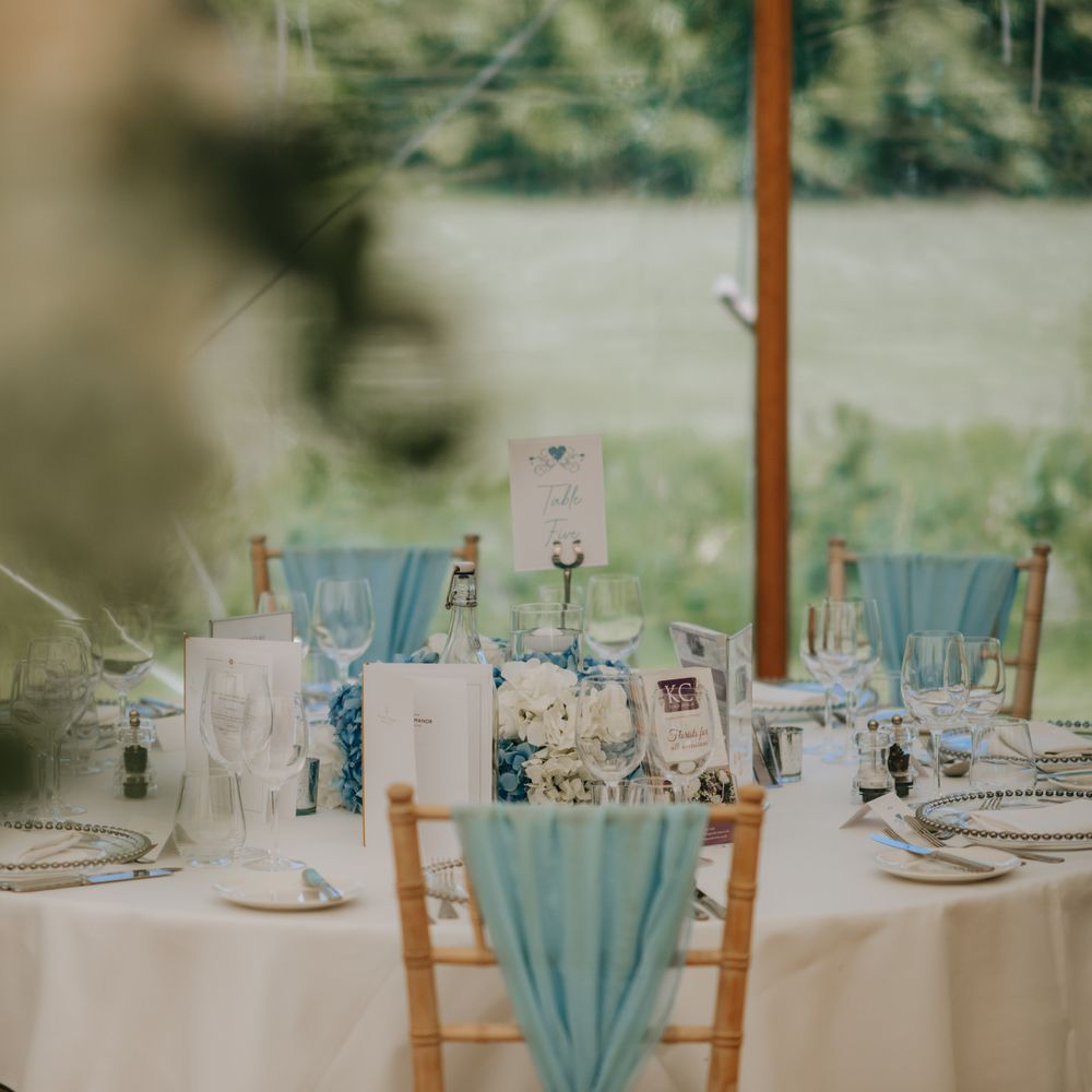 Marquee reception table set with duck egg blue chair sashes and white hydrangea centrepiece