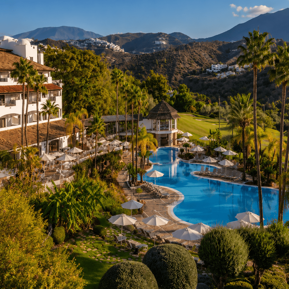 Luxury swimming pool surrounded by lush gardens, cypress trees and Mediterranean architecture.