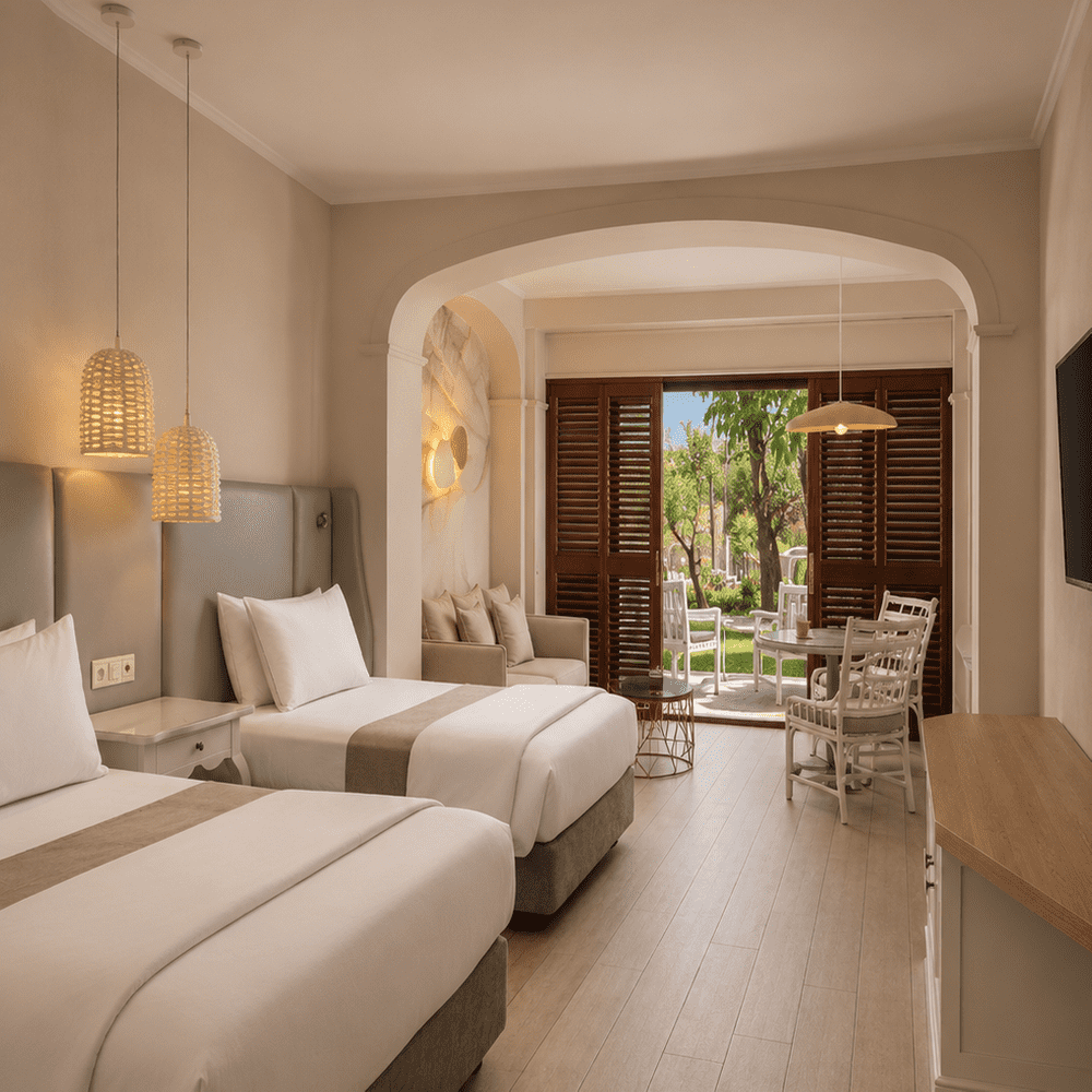 Spacious luxury hotel room with twin beds, modern furnishings and private garden terrace.
