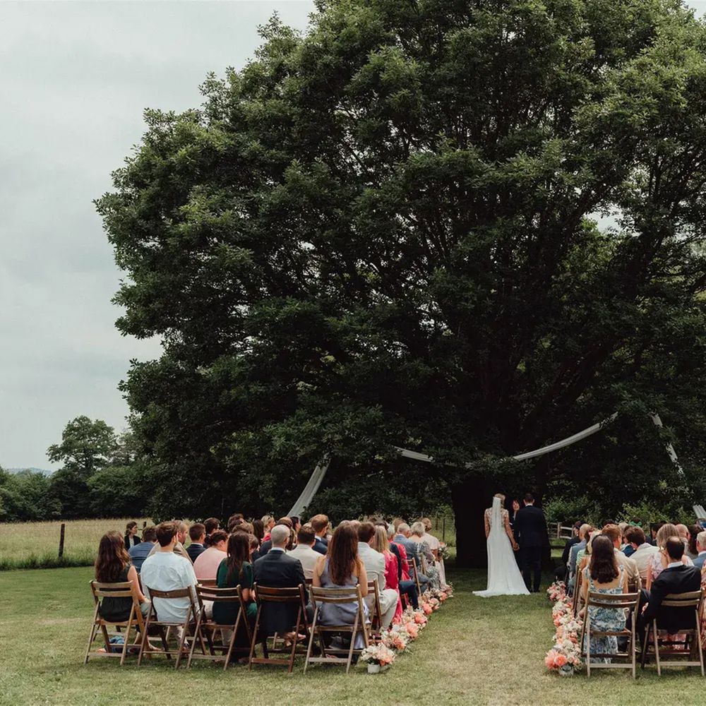 Bride and groom stand beneath a large oak tree during an outdoor ceremony with seated guests.