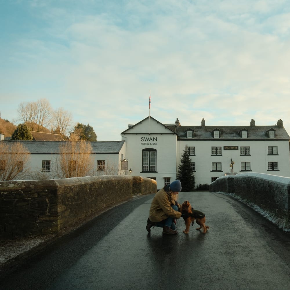 Person in blue hat kneeling with a dog on a stone bridge before a white hotel in winter
