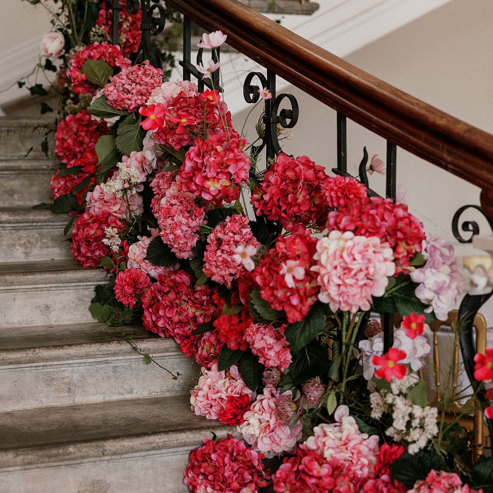 pink red hydrangea staircase garland
