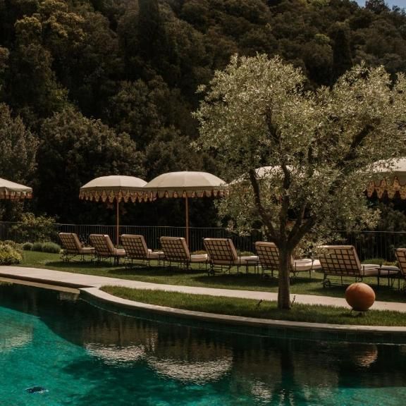 Turquoise poolside terrace with parasols, sun loungers and an olive tree against wooded hills