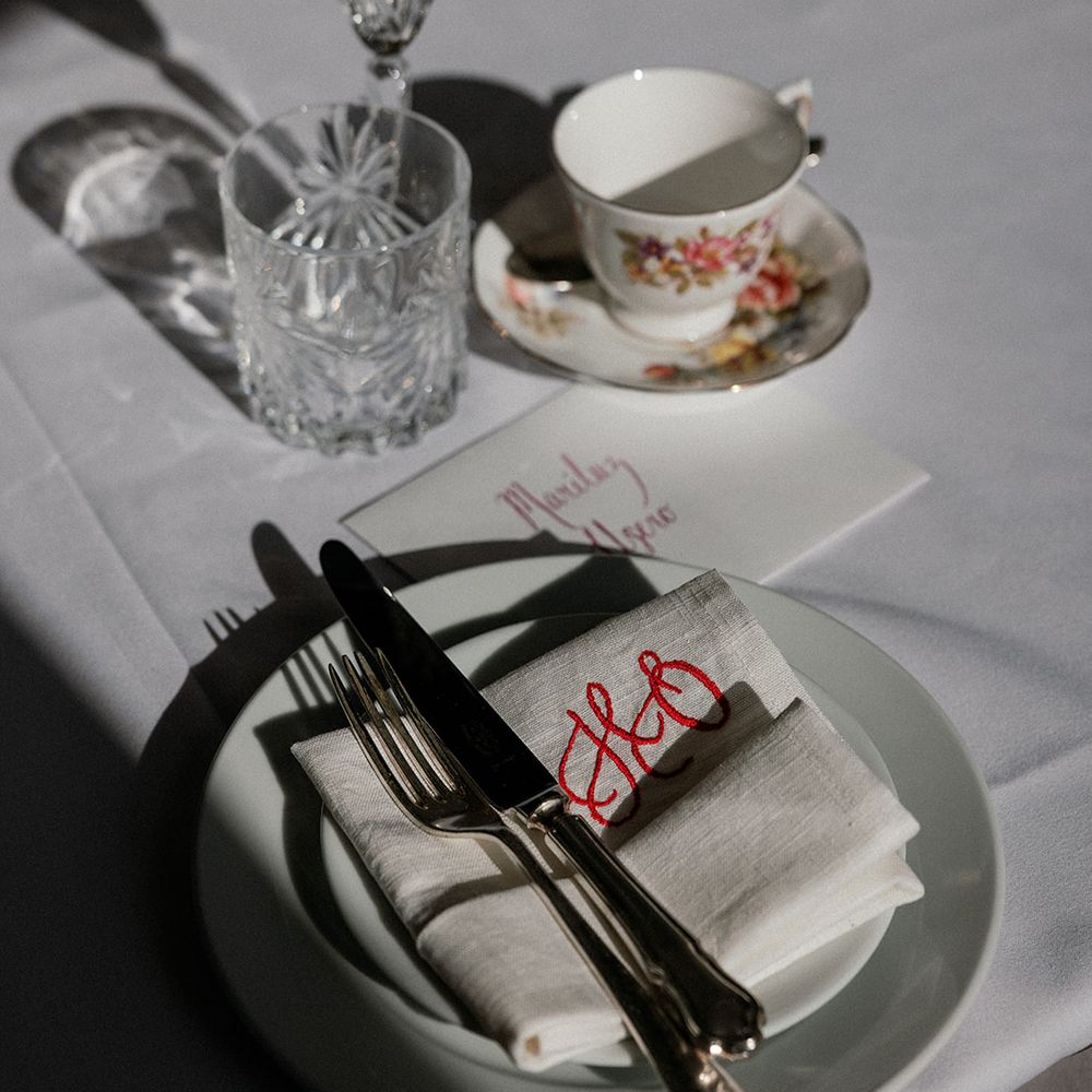 red embroidered monogram napkin