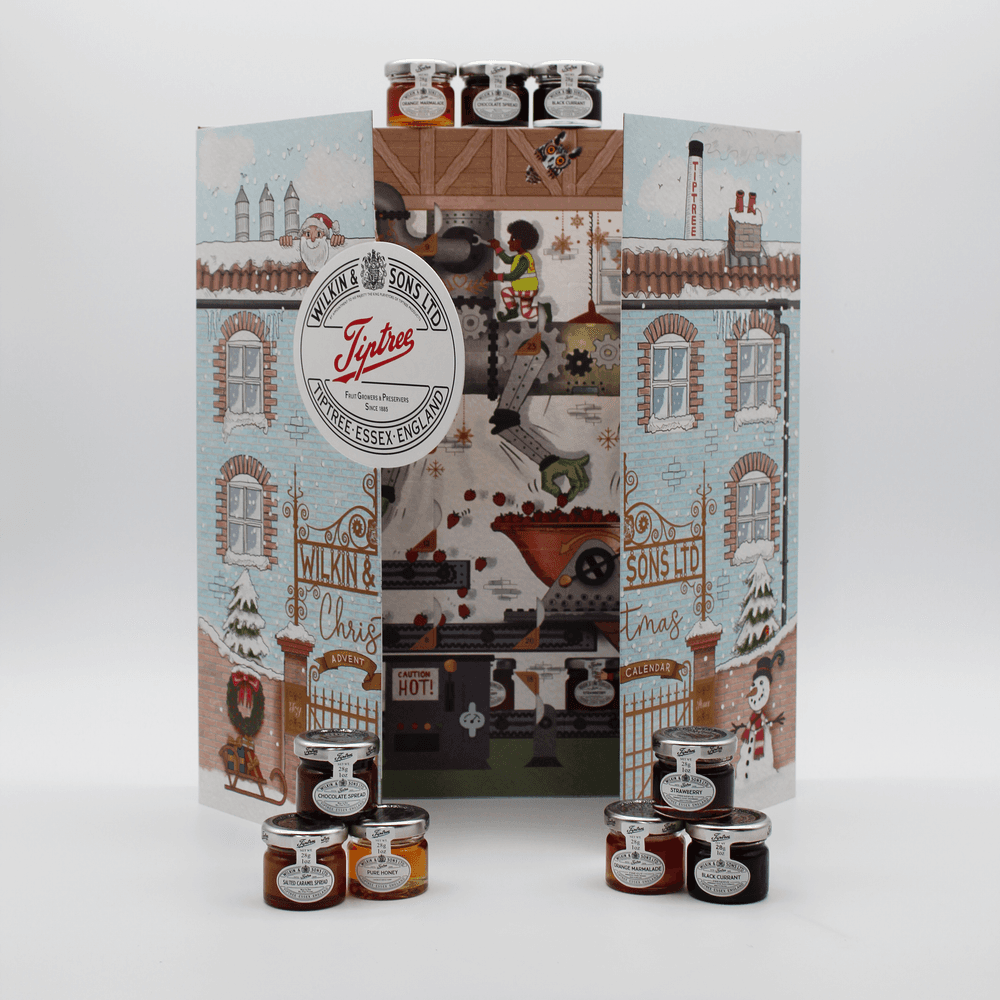 Tiptree Christmas advent calendar with mini jars of jam and marmalade arranged around it