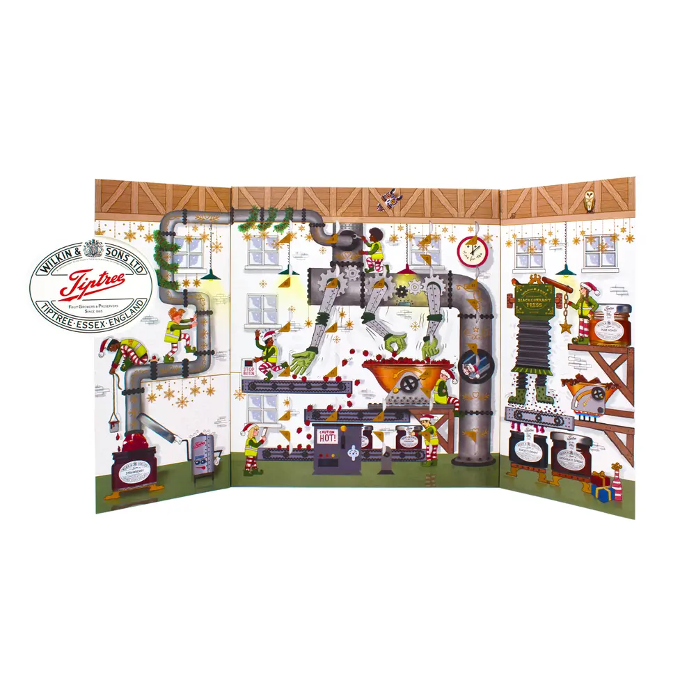 Illustrated Tiptree advent calendar showing festive elves making jam in a whimsical factory scene.