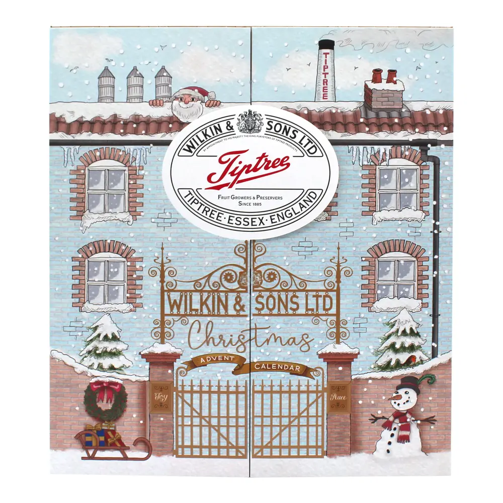 Tiptree Wilkin & Sons Christmas advent calendar with illustrated snowy winter scene and Santa.