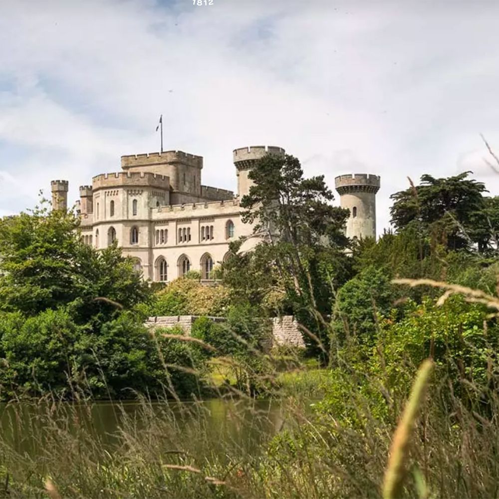 Turreted stone castle framed by wild grasses and lush greenery beneath a bright summer sky