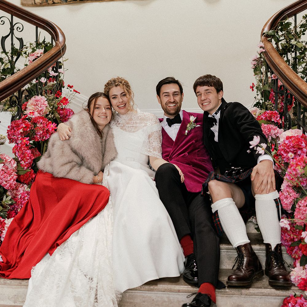wedding party tartan kilt staircase