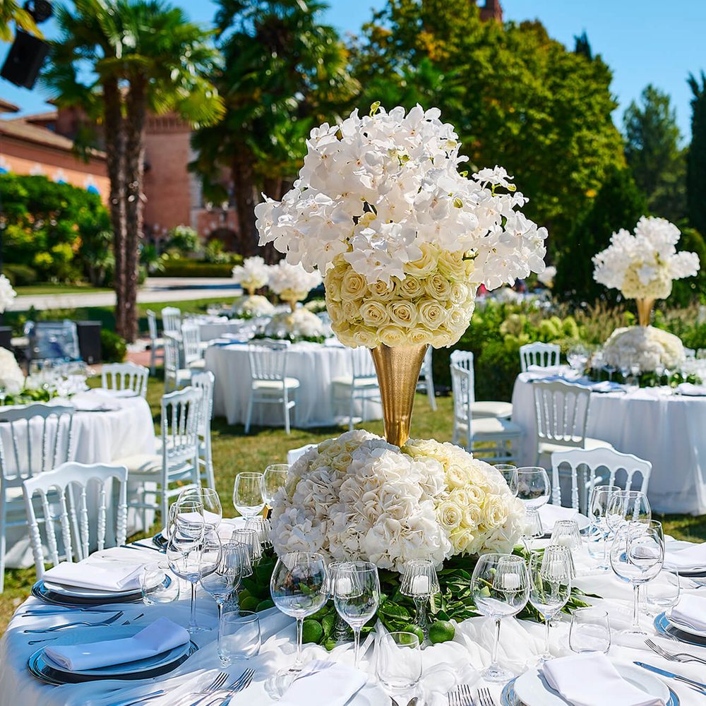 Decorations and flowers at Castello di Spessa for wedding celebration