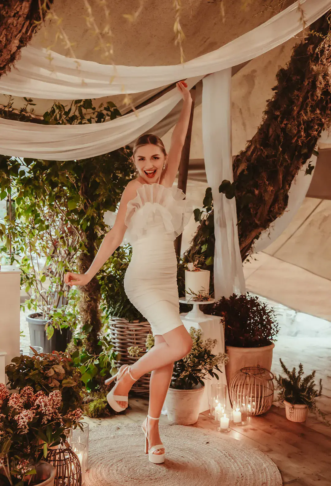 Bride wearing frill off the shoulder wedding dress with platform shoes for the evening 