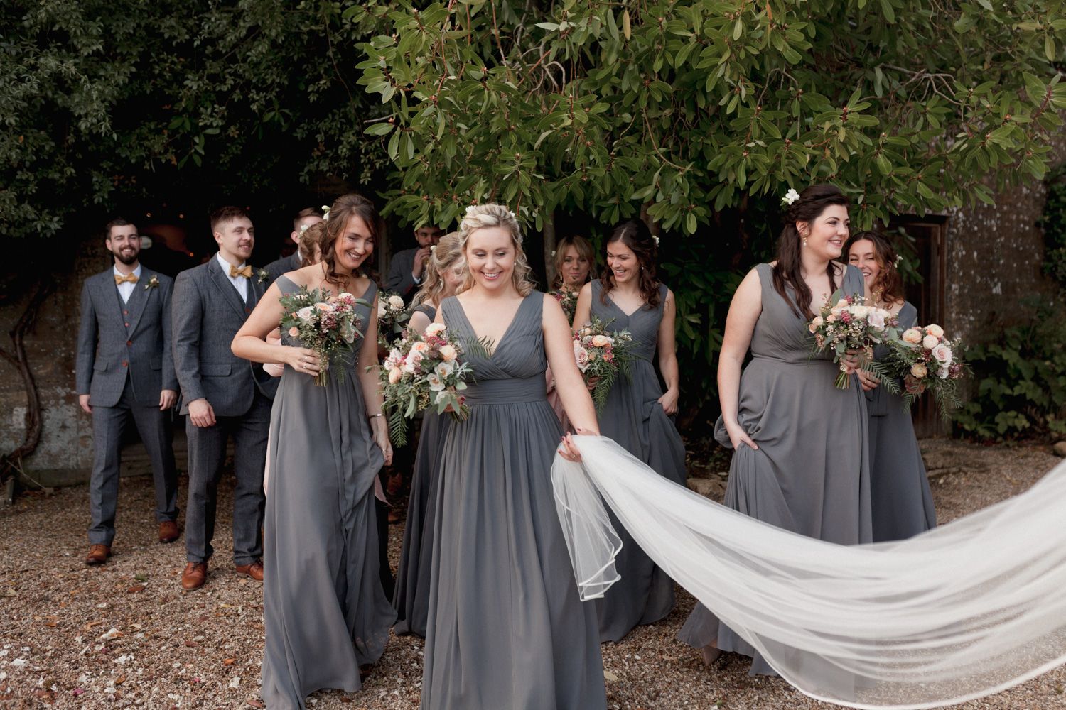 Dark Grey Bridesmaid Dresses & Pink Blooms - Real Wedding